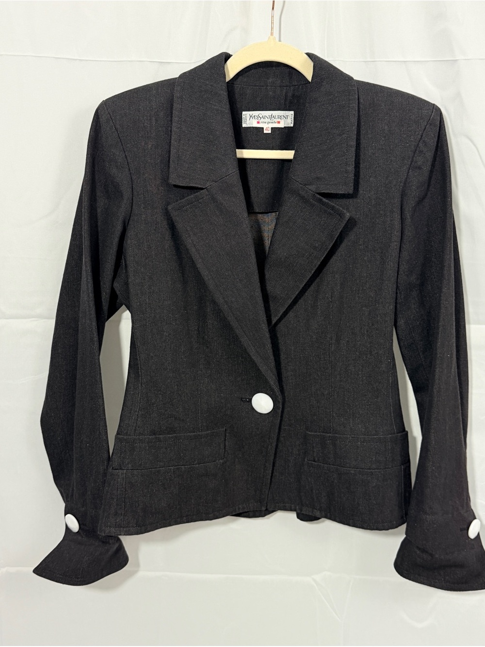 Yves Saint Laurent Rive Gauche  Black Single-Button Blazer in Black Denim Fabric
